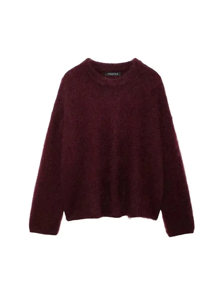 HH Winter Women Burgundy Long Sleeve Pullovers Casual O-neck Loose Fluffy Fuzzy Jumper Sweater Female Fashion Knitted Tops