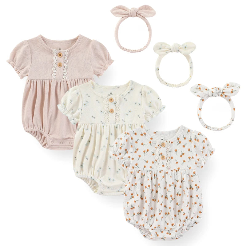 Baby Girl Clothes Sets Cotton Bodysuit +Headband Short Sleeve Newborn Baby Girl Jumpsuit Summer Solid Color 6-24Months Bebes