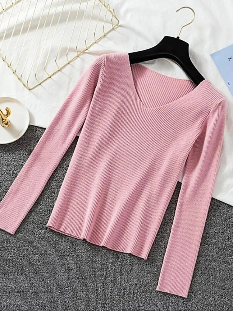 2025 Fashion V-neck Elastic Basic Top New Women Sweater Autumn Winter Long Sleeve Pullover Female Winter Solid Knitted Jumper