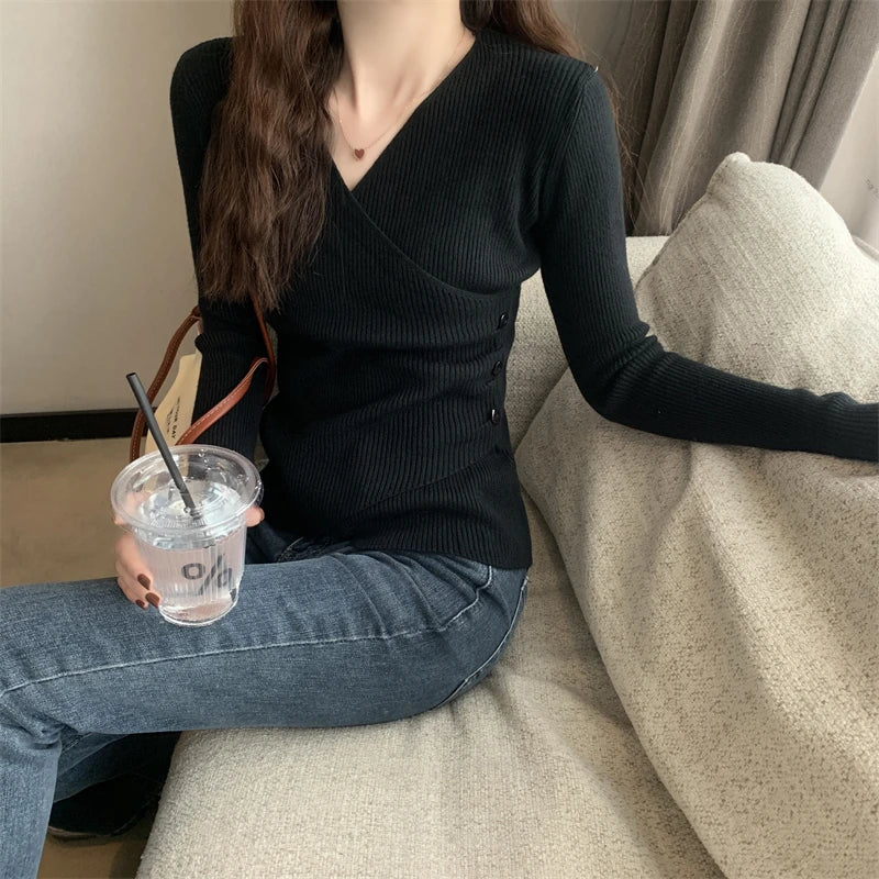 Surplice Sweater for Women Pullovers Ribbed Knit V-Neck Long Sleeve Button Side Plain Jumper Teen-girl Fall Winter Basic Outfit