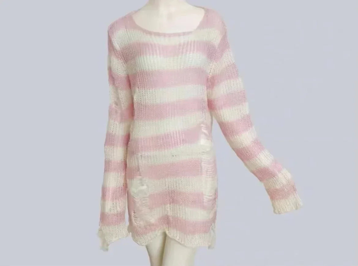 New ZMZBCH Spring Autumn Women's Punk Gothic Oversized Pullover Sweater Striped Hollow out Cool Harajuku Aesthetics  2-M3288