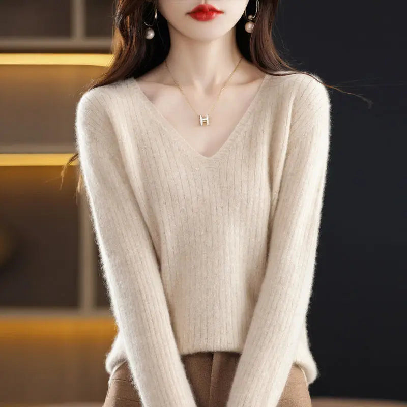 Chic Casual Autumn Winter Basic Sweater Pullovers Women V-neck Solid Knit Loose Pullover Female Long Sleeve Warm Khaki Sweater