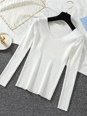 2025 Fashion V-neck Elastic Basic Top New Women Sweater Autumn Winter Long Sleeve Pullover Female Winter Solid Knitted Jumper