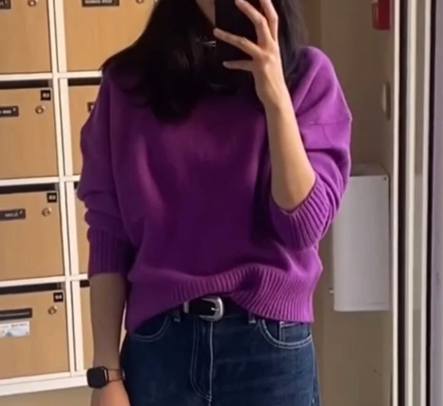 European And American Style Autumn New Women's Clothing Retro Loose Round Neck Long Sleeved Flat Needle Soft Knit Sweater