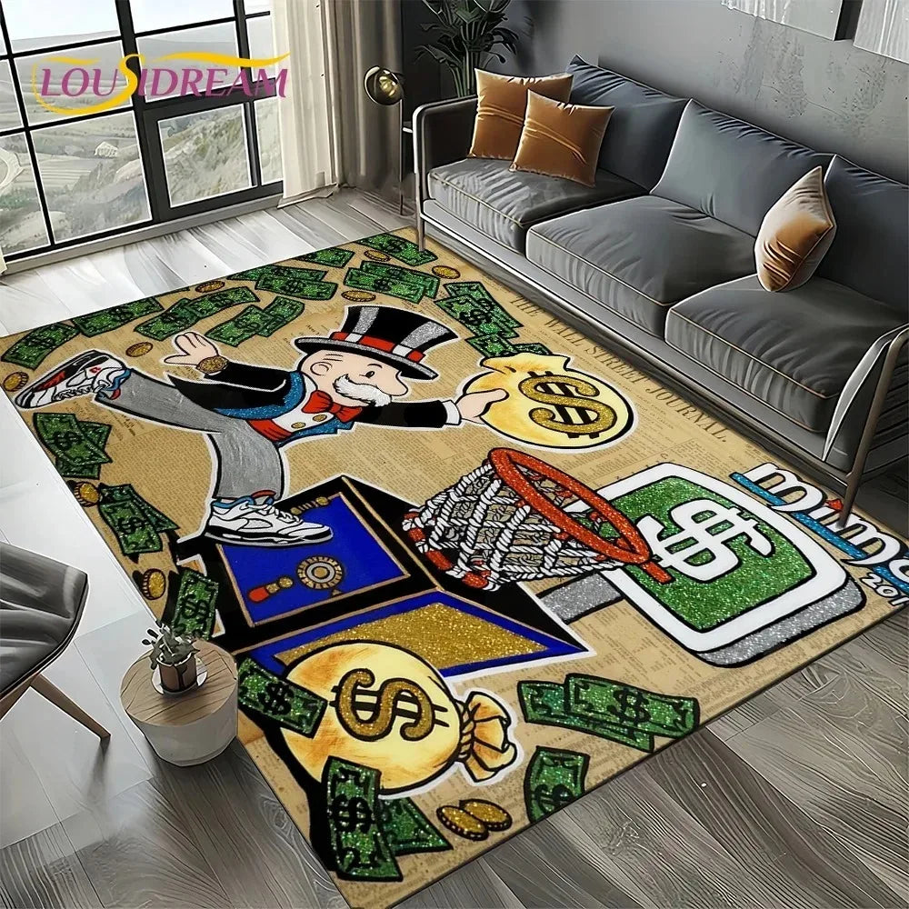 3D Rich Man Game Monopoly Dollar Cartoon Carpet Rug for Living Room Bedroom Home Sofa Decoration Kid Area Rug Non-slip Floor Mat