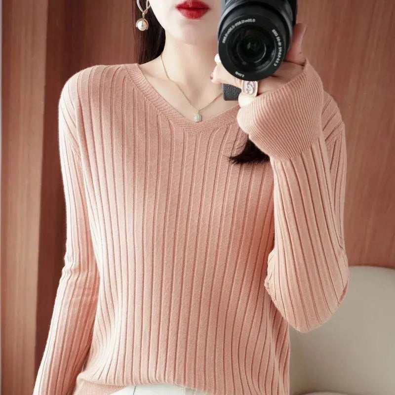 Chic Casual Autumn Winter Basic Sweater Pullovers Women V-neck Solid Knit Loose Pullover Female Long Sleeve Warm Khaki Sweater