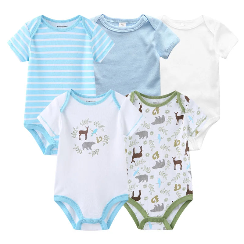 Unisex Solid Color 5Pieces Baby Girl Clothes Cotton Newborn Bodysuits Cartoon Print Baby Boy Clothes Set Summer Bebes