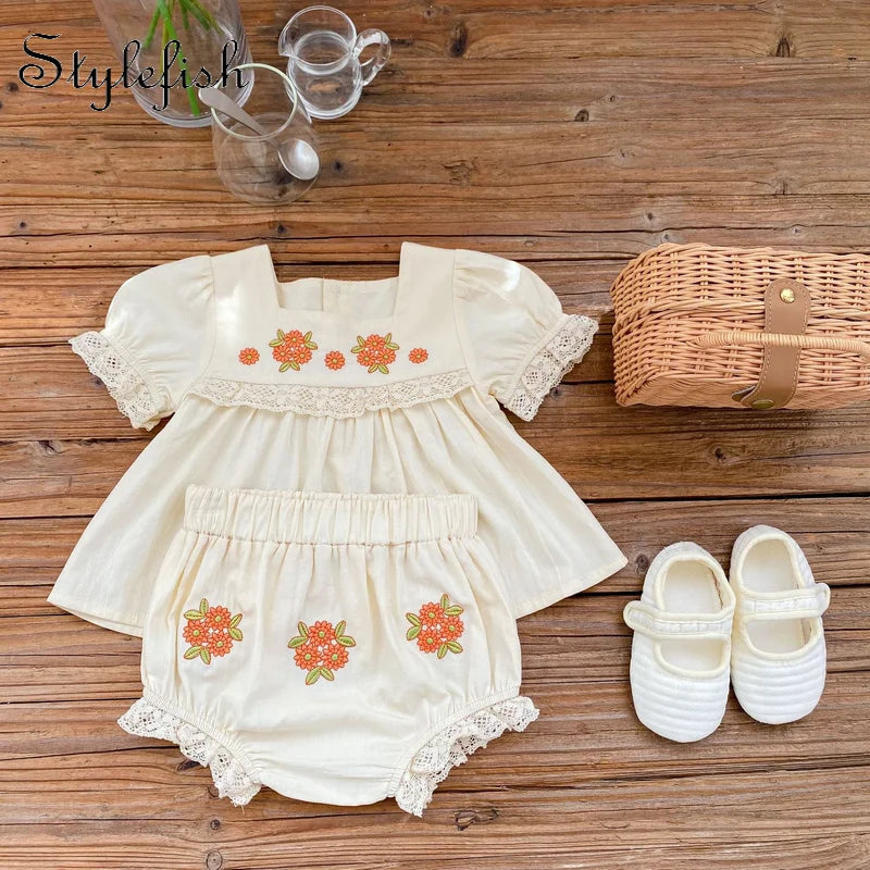 summer ins Baby Flower Embroidered short sleeved top + flower bread shorts 2-piece set for female baby clothing set