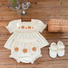 summer ins Baby Flower Embroidered short sleeved top + flower bread shorts 2-piece set for female baby clothing set