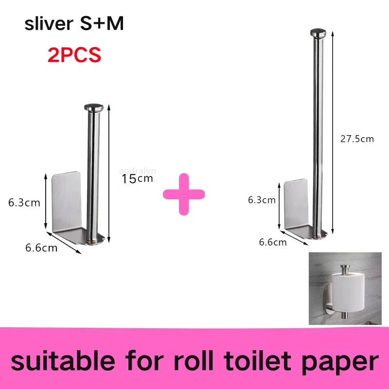 Stainless Steel Paper Towel Holder Self Adhesive Toilet Roll Paper Holder No Punching Kitchen Bathroom Lengthen Storage Rack