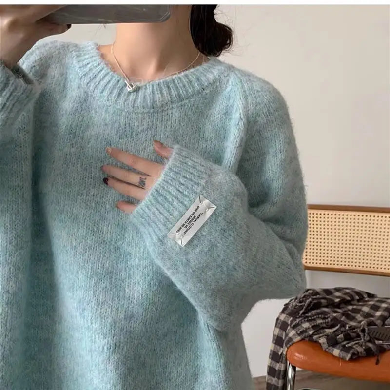 Loose Women's Mint een Lazy Sle Milk Blue Sweater Casual High-End Outerwear Long Sve round Ne Girl's Autumn Faion