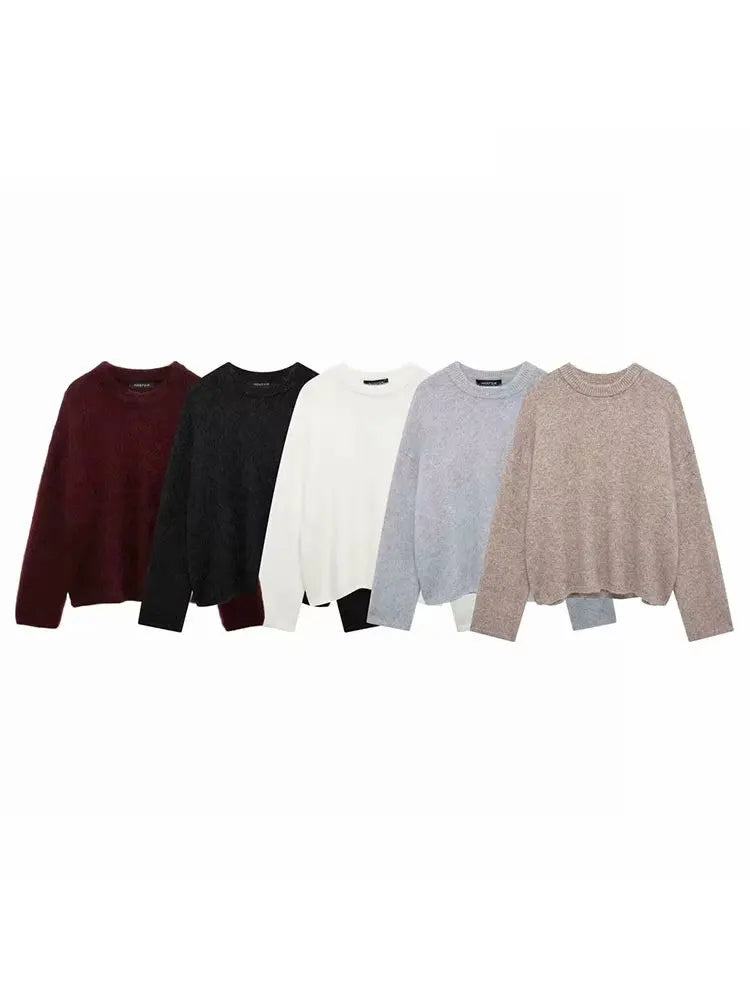 HH Winter Women Burgundy Long Sleeve Pullovers Casual O-neck Loose Fluffy Fuzzy Jumper Sweater Female Fashion Knitted Tops