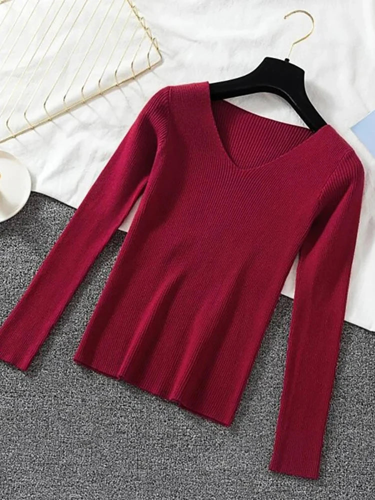 2025 Fashion V-neck Elastic Basic Top New Women Sweater Autumn Winter Long Sleeve Pullover Female Winter Solid Knitted Jumper