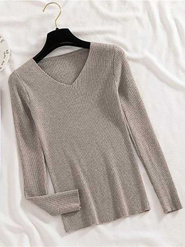 2025 Fashion V-neck Elastic Basic Top New Women Sweater Autumn Winter Long Sleeve Pullover Female Winter Solid Knitted Jumper