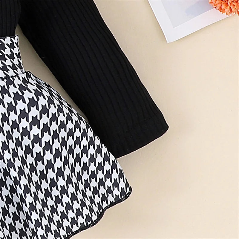 Pudcoco Baby Girl Spring Outfits Long Sleeve Houndstooth Print Romper Dress with Headband and Long Socks