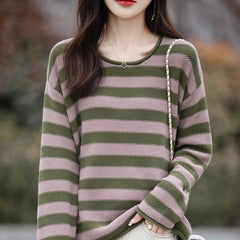 Women 100% Cotton Sweater Autumn Winter Curled O-Neck Pullover Long Sleeve Bottoming Colorful Stripes Knitwear Loose Clothing
