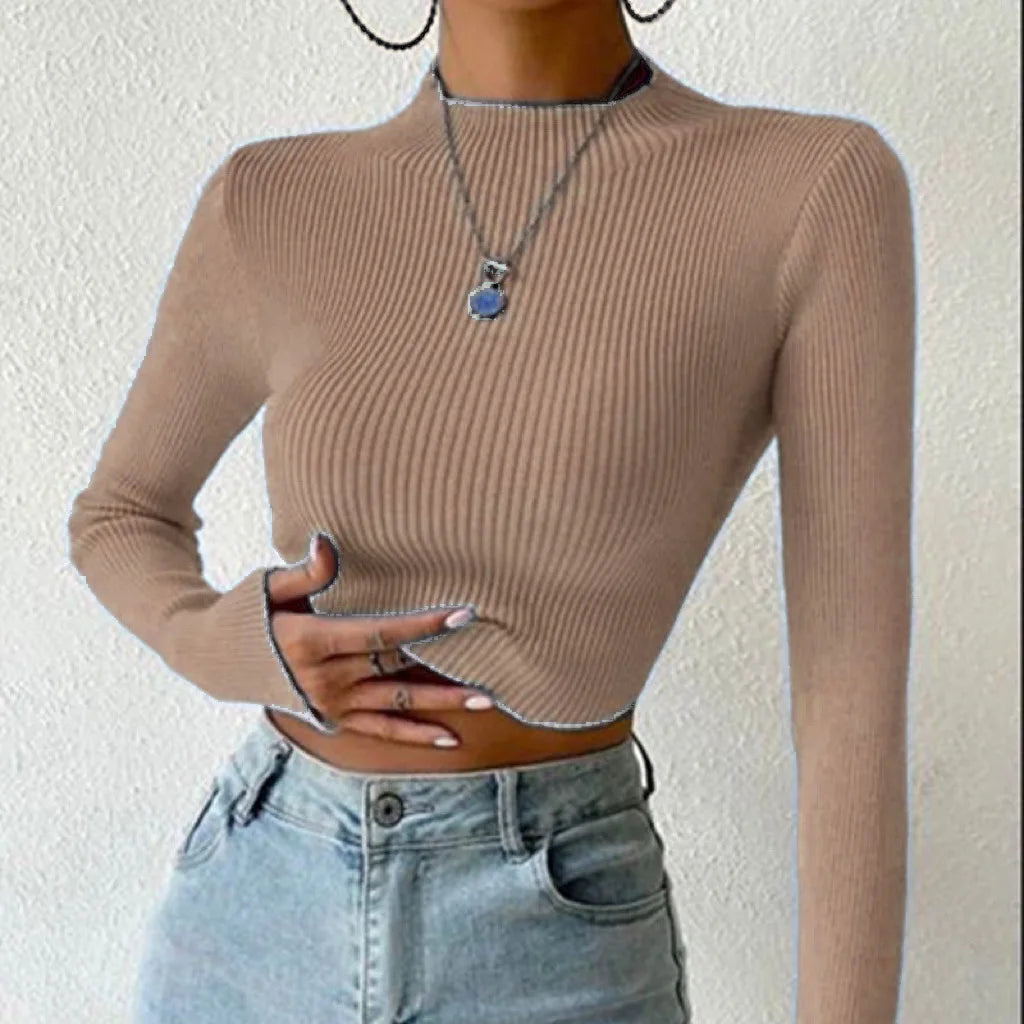 Autumn Winter Mock Neck Women Sweater Vintage Basic Solid Knitted Tops Casual Slim Pullover Sweaters Chic Jumpers Crop Top