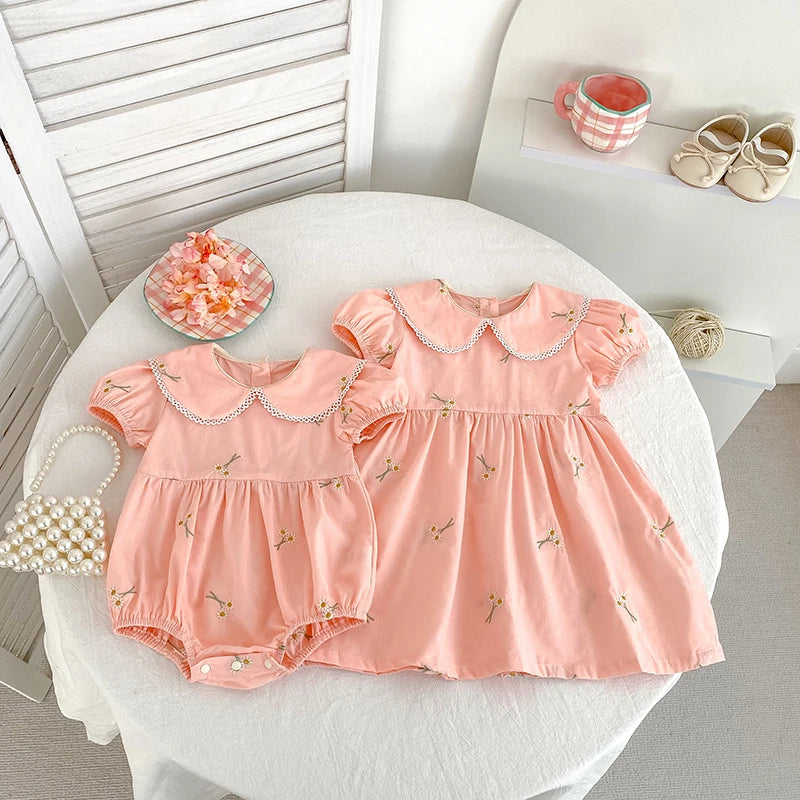 New Summer Newborn Baby Girl Romper 0-24M Baby Girl Clothing Cotton Pink Embroidered Flowers Cotton Toddler Baby Girls Jumpsuit