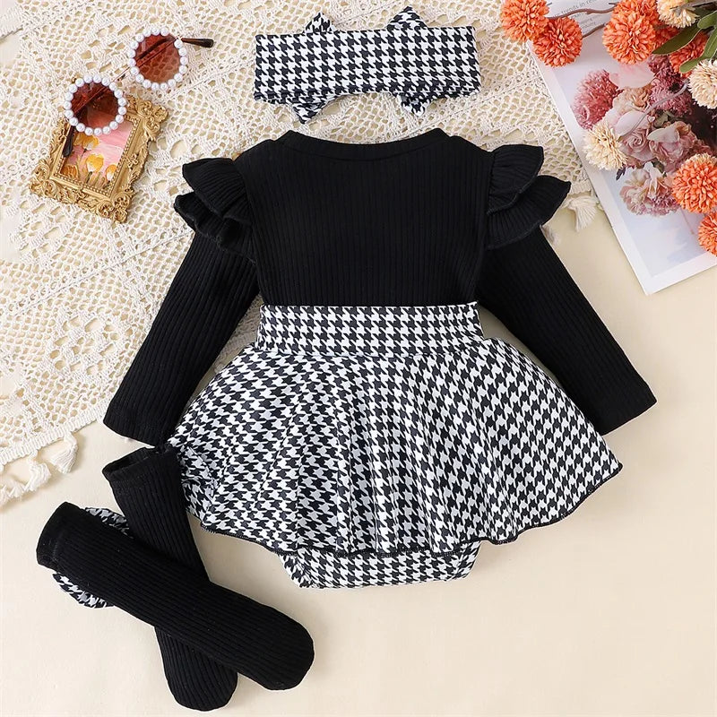 Pudcoco Baby Girl Spring Outfits Long Sleeve Houndstooth Print Romper Dress with Headband and Long Socks