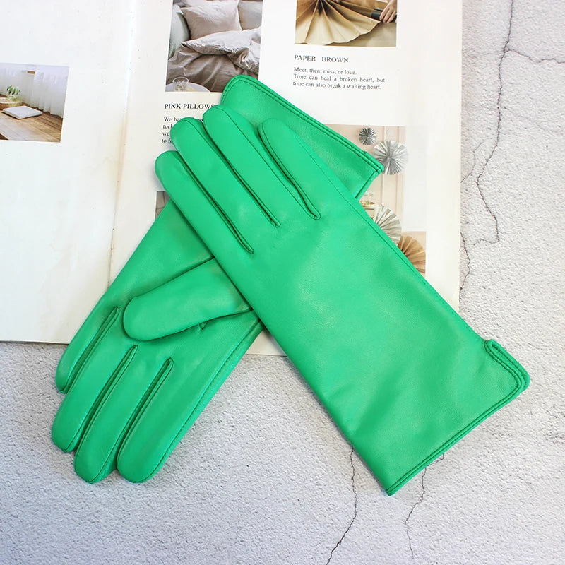 Women's Sheepskin Gloves Fashion Color Leather Simple Style Wool Lining Spring and Autumn Warmth Finger Gloves
