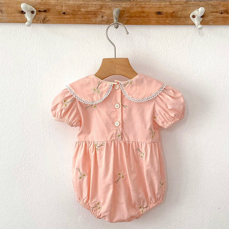 New Summer Newborn Baby Girl Romper 0-24M Baby Girl Clothing Cotton Pink Embroidered Flowers Cotton Toddler Baby Girls Jumpsuit