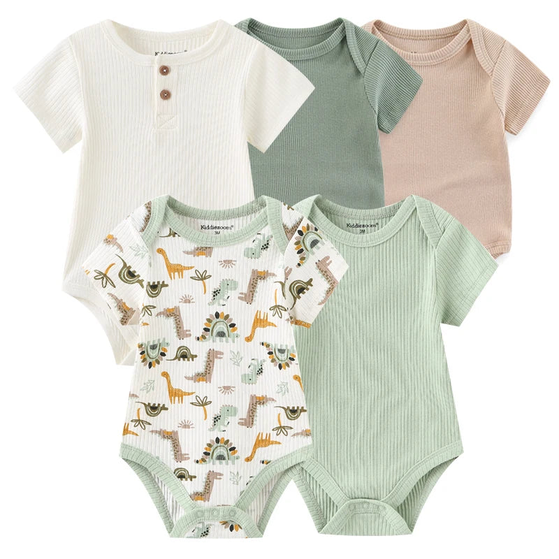 Unisex Solid Color 5Pieces Baby Girl Clothes Cotton Newborn Bodysuits Cartoon Print Baby Boy Clothes Set Summer Bebes