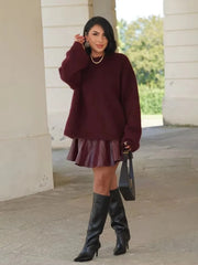 HH Winter Women Burgundy Long Sleeve Pullovers Casual O-neck Loose Fluffy Fuzzy Jumper Sweater Female Fashion Knitted Tops