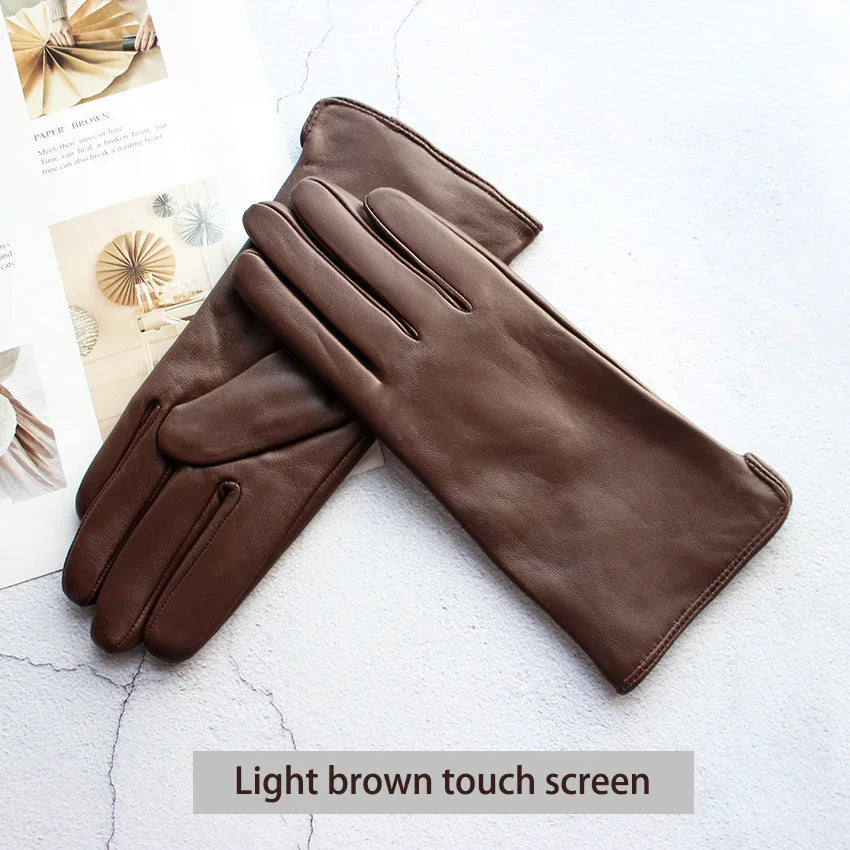 Women's Sheepskin Gloves Fashion Color Leather Simple Style Wool Lining Spring and Autumn Warmth Finger Gloves