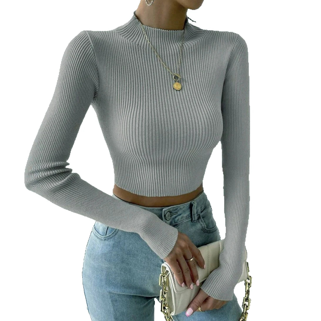 Autumn Winter Mock Neck Women Sweater Vintage Basic Solid Knitted Tops Casual Slim Pullover Sweaters Chic Jumpers Crop Top