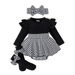 Pudcoco Baby Girl Spring Outfits Long Sleeve Houndstooth Print Romper Dress with Headband and Long Socks