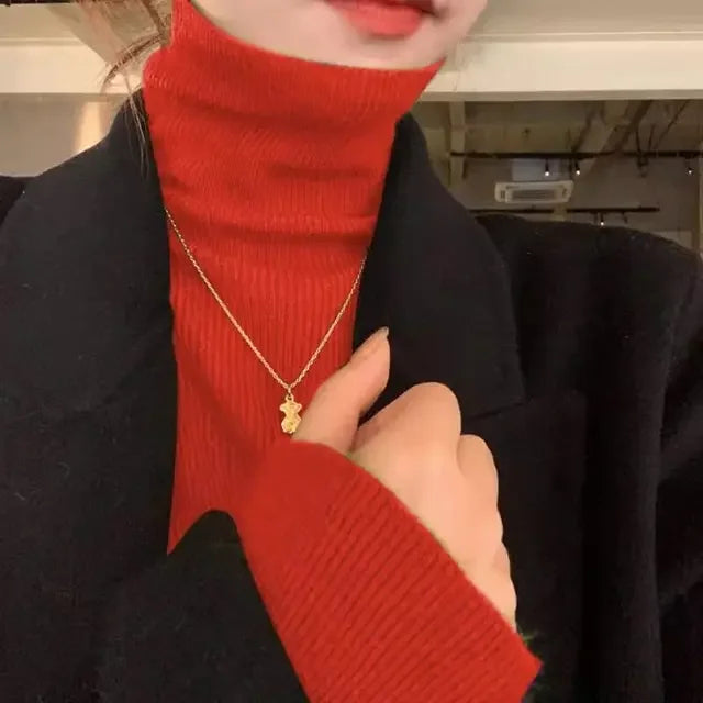 2025 Korean Style Turtleneck Long Sleeve Pullover Fashion Soft Warm Basic Sweater Women's Autumn Winter Slim Solid Knitwear Tops