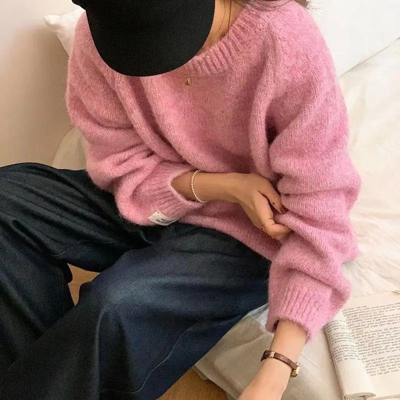 Loose Women's Mint een Lazy Sle Milk Blue Sweater Casual High-End Outerwear Long Sve round Ne Girl's Autumn Faion