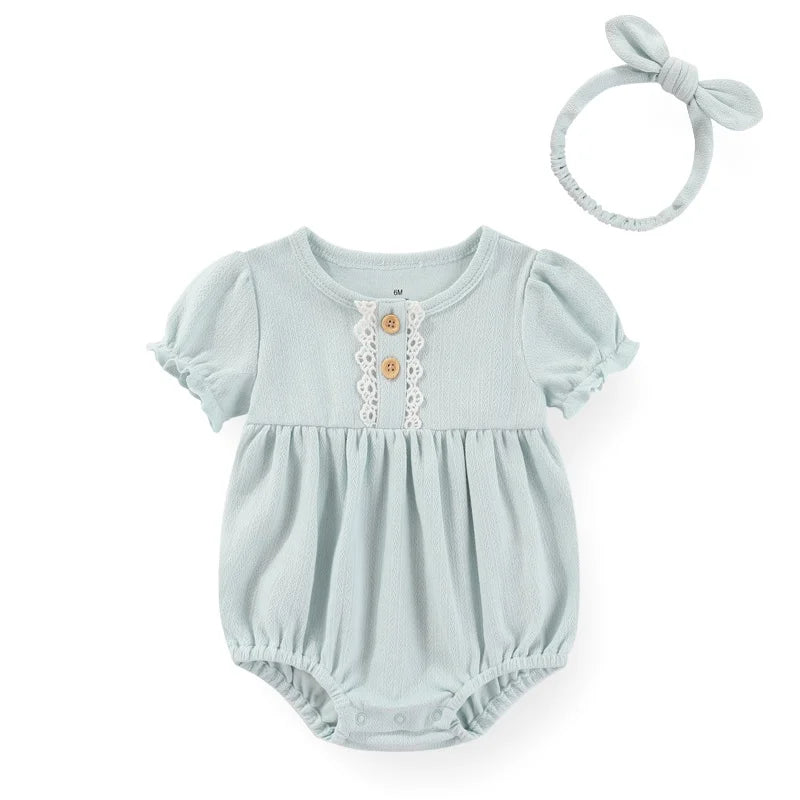 Baby Girl Clothes Sets Cotton Bodysuit +Headband Short Sleeve Newborn Baby Girl Jumpsuit Summer Solid Color 6-24Months Bebes