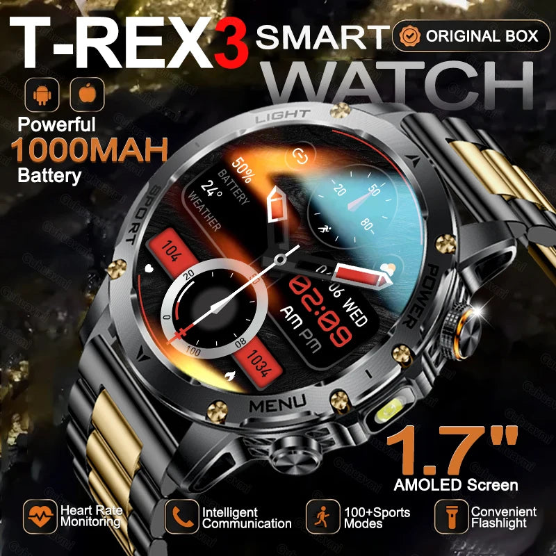 NEW T-REX3 ULTRA 1000mAh Battery Smart Watches 5ATM Waterproof Tactics 100+Sports Flashlight Heart Rate Smart Watch 2025 For Man