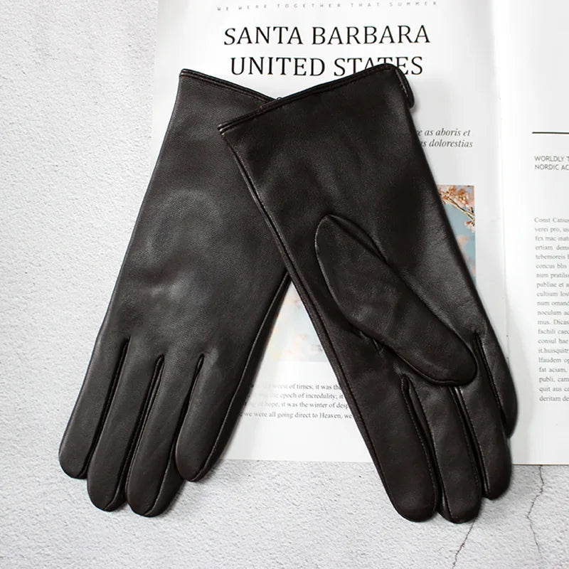 Women's Sheepskin Gloves Fashion Color Leather Simple Style Wool Lining Spring and Autumn Warmth Finger Gloves