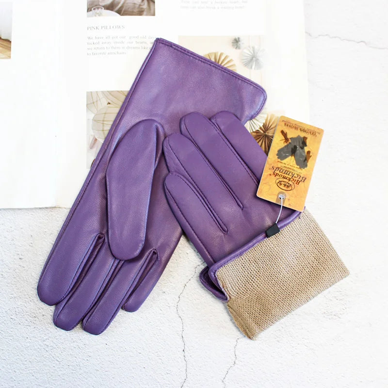 Women's Sheepskin Gloves Fashion Color Leather Simple Style Wool Lining Spring and Autumn Warmth Finger Gloves