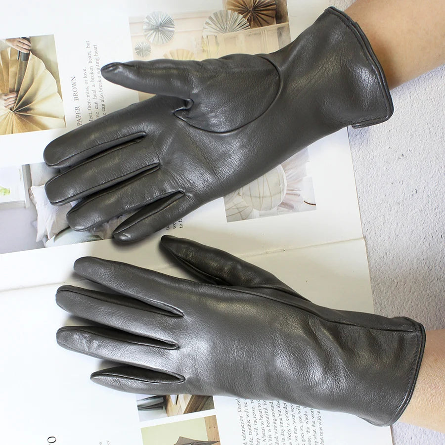 Women's Sheepskin Gloves Fashion Color Leather Simple Style Wool Lining Spring and Autumn Warmth Finger Gloves