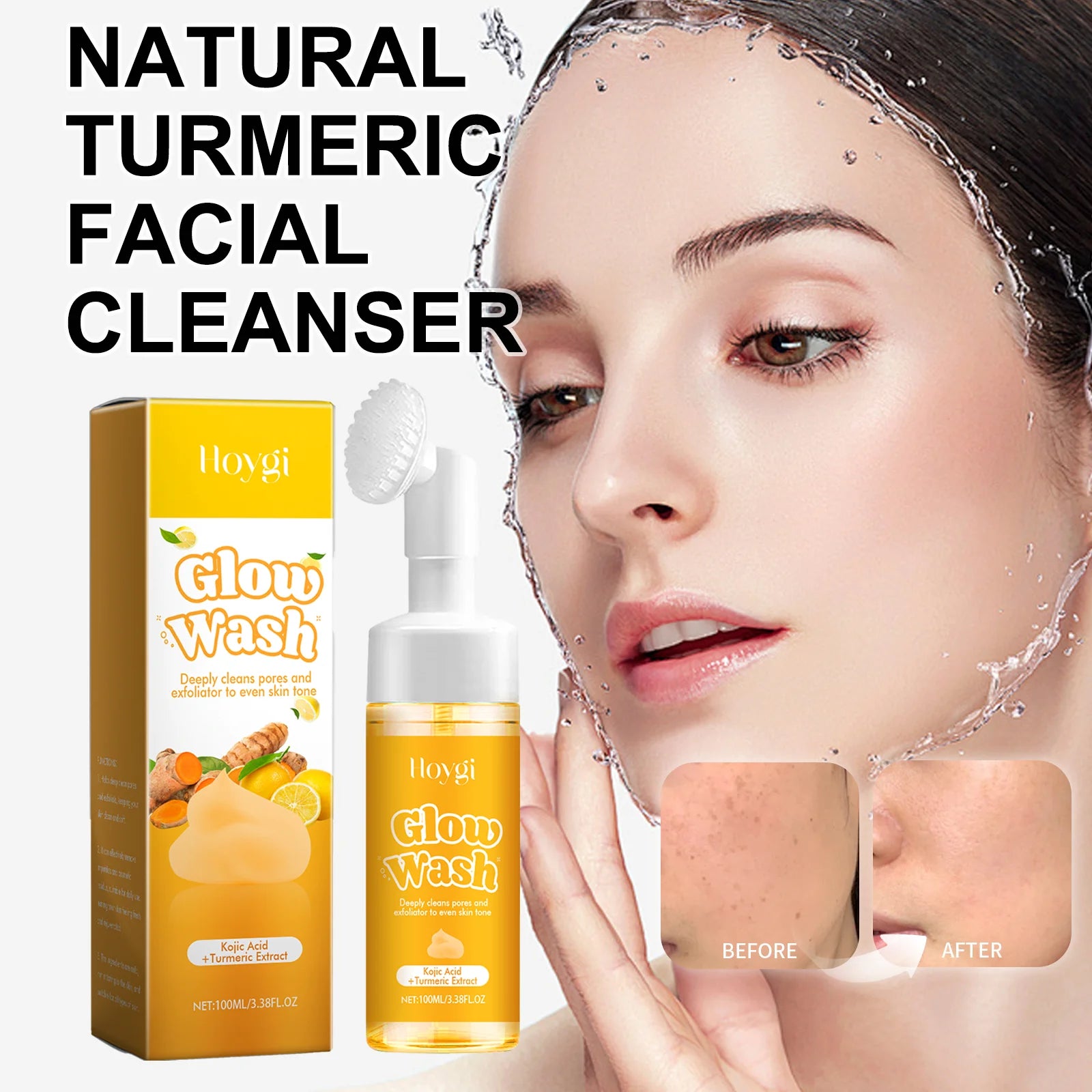 Hoygi Natural Turmeric Facial Cleanser Organic Gentle Deep Cleanse Oil Control Anti Oxidant Brightening for All Skin Types