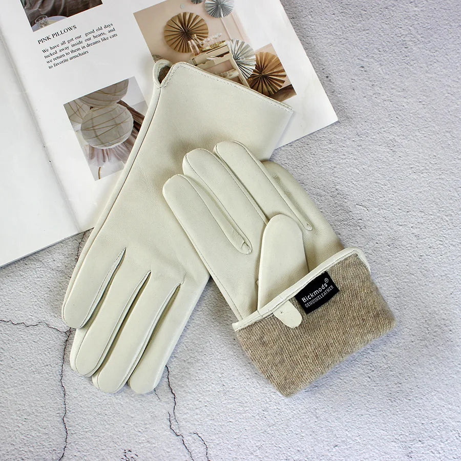 Women's Sheepskin Gloves Fashion Color Leather Simple Style Wool Lining Spring and Autumn Warmth Finger Gloves