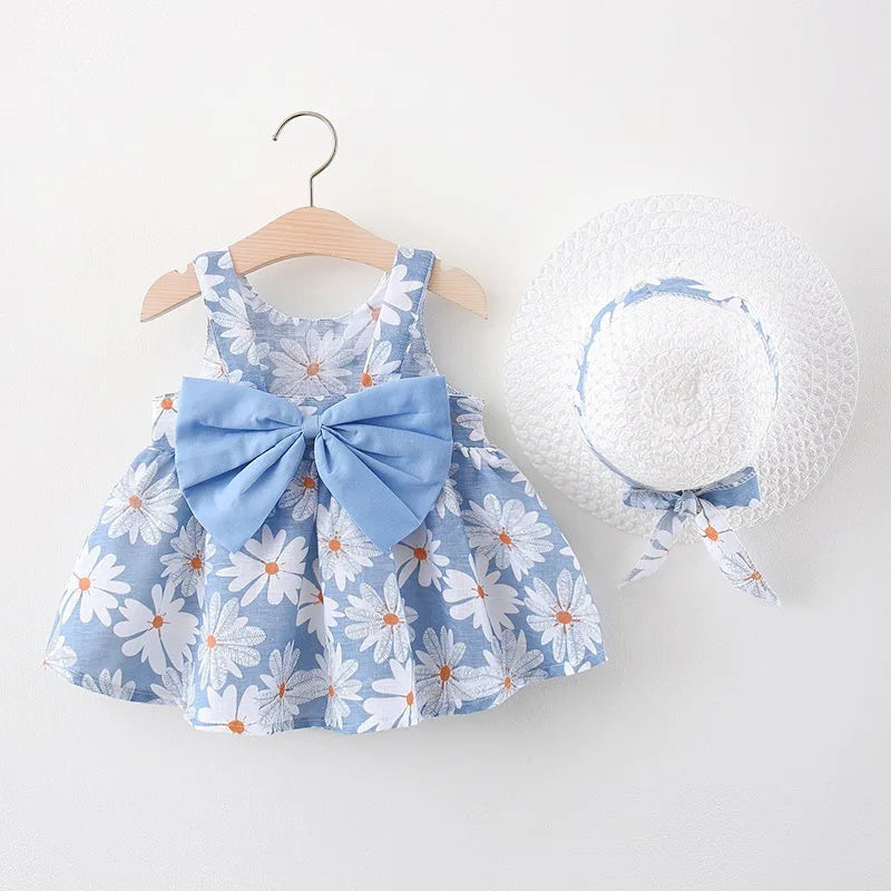 Summer 2/Piece Set Of Baby Girl Dress Hat Girl'S Big Bow Casual Cotton Print Cute Round Neck Sleeveless Dress