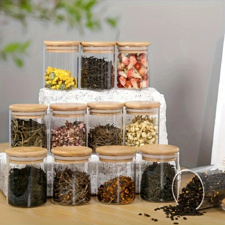 12pcs/set Airtight Glass Storage Jar with Bamboo Lid for Tea,Coffee,Sugar Portable and Transparent Container for Home Kitchen