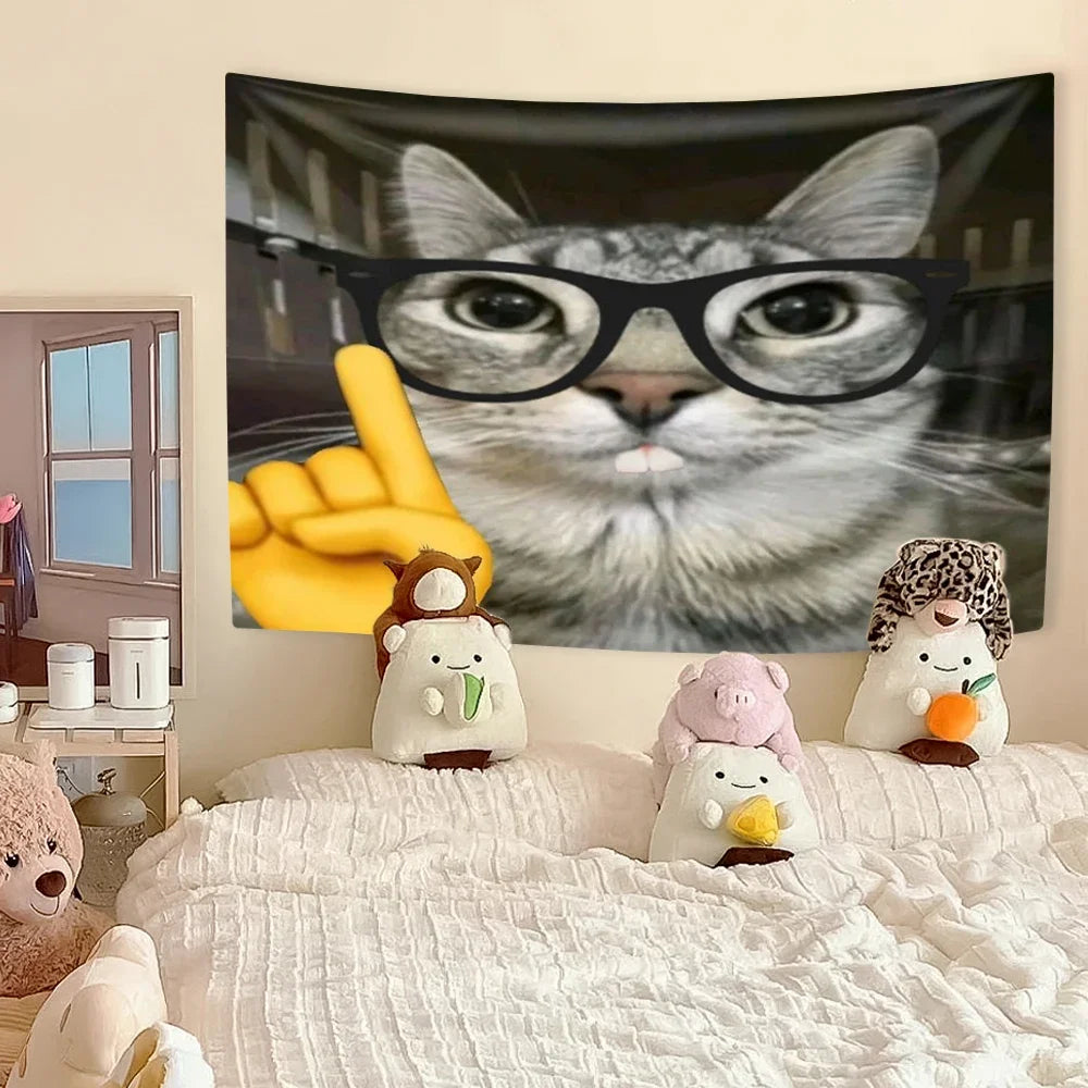 Funny Cat Meme Tapestry Kawaii Animal Home Decor Wall Hanging Covering Cloth Bedroom Dorm Background Festival Gift