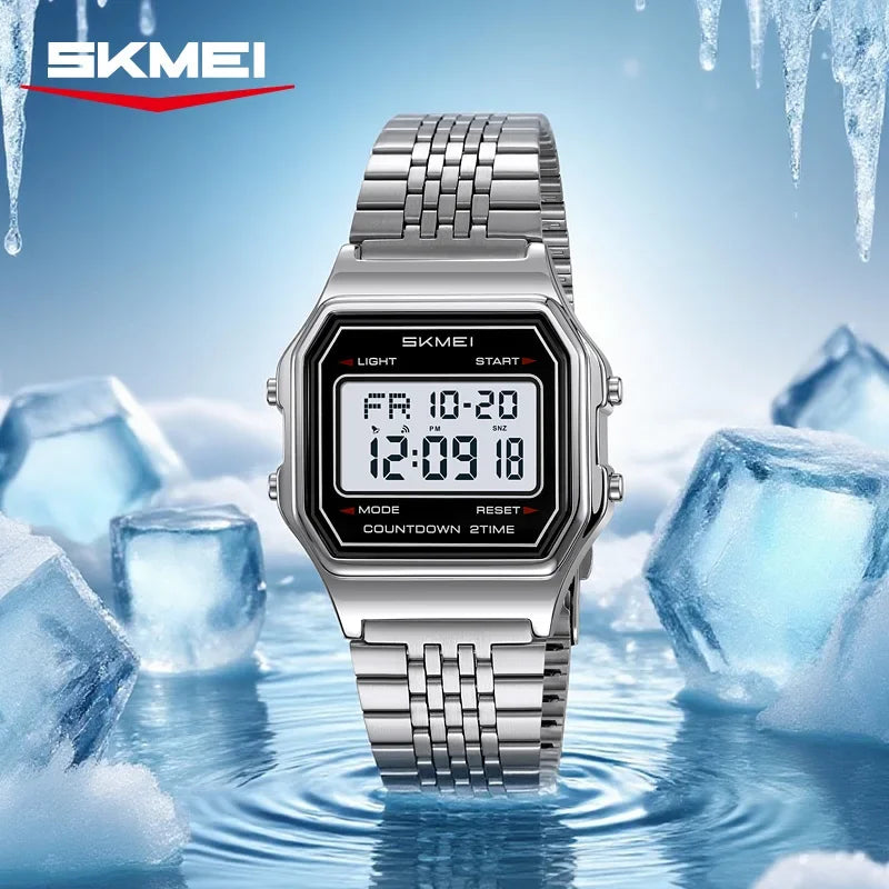 SKMEI 2465 Digital Watch for Men Stainless Steel Waterproof Luxury Electronic Mens Wristwatches LED Display Sport Reloj Hombre