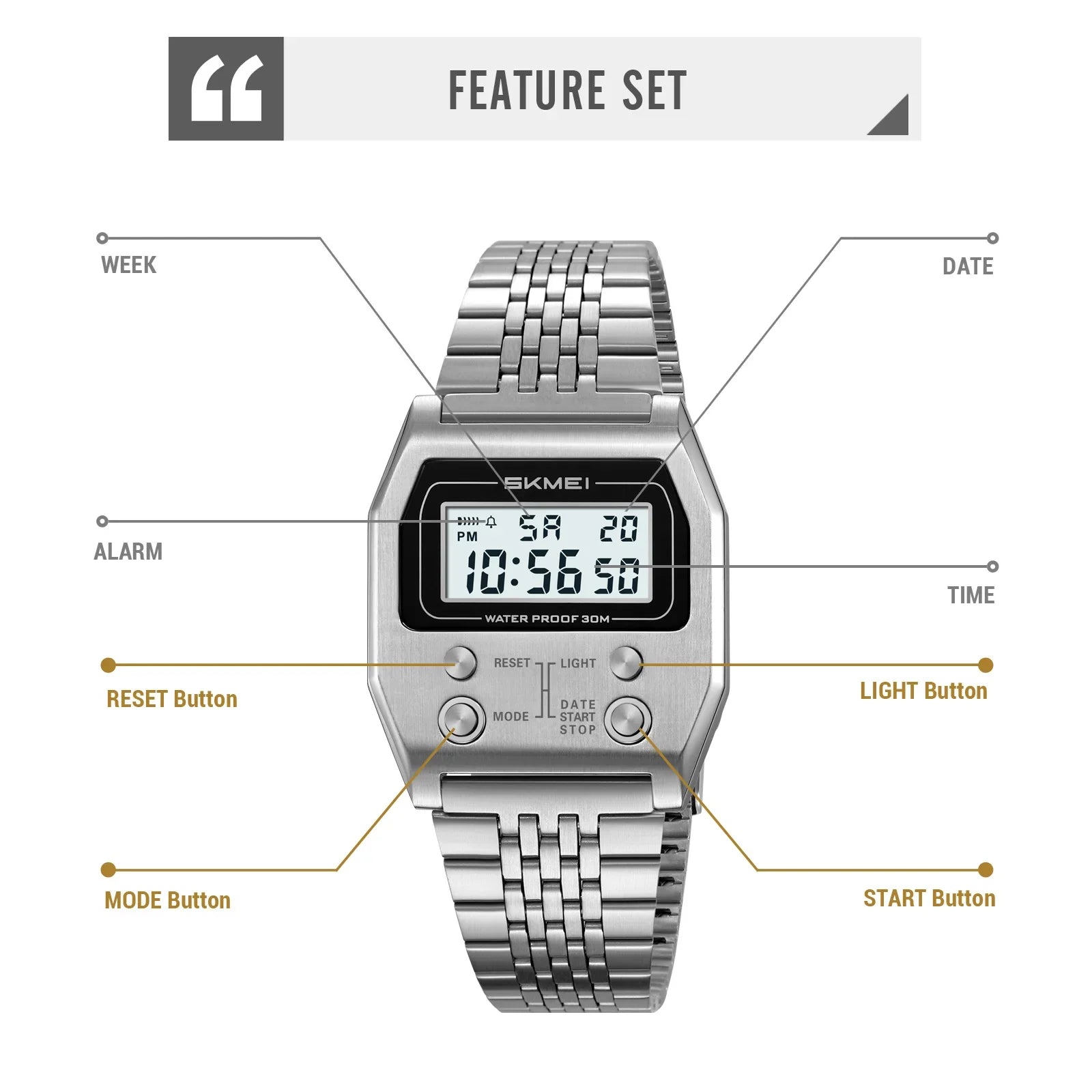 SKMEI 2460 Wristwatches Reloj Hombre Waterproof Digital Watch for Men Stainless Steel Sport Luxury Retro LED Electronic Mens