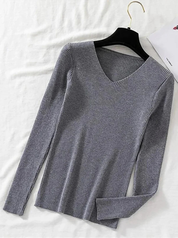 2025 Fashion V-neck Elastic Basic Top New Women Sweater Autumn Winter Long Sleeve Pullover Female Winter Solid Knitted Jumper