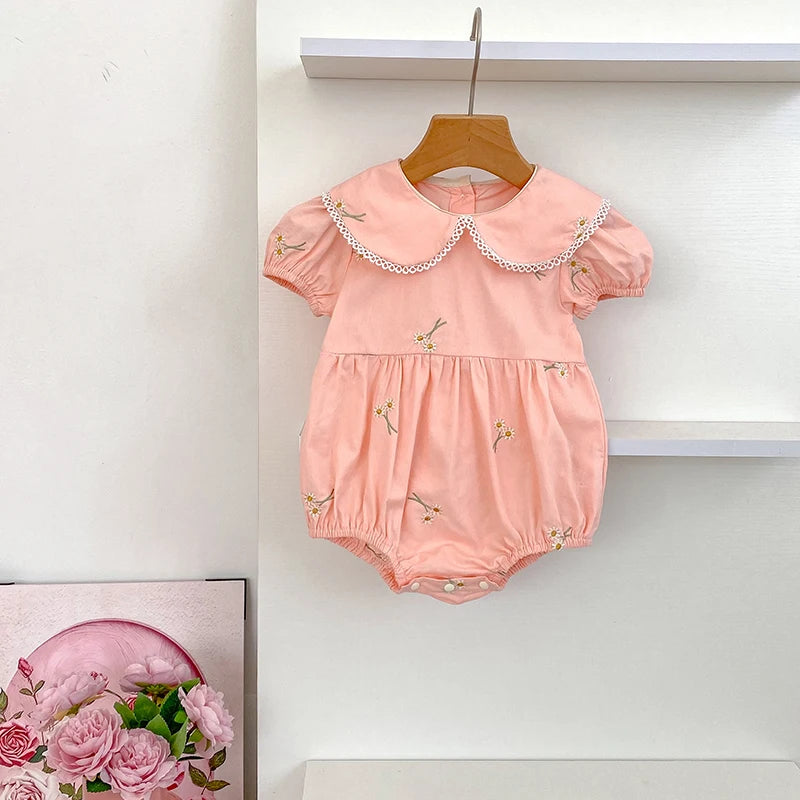 New Summer Newborn Baby Girl Romper 0-24M Baby Girl Clothing Cotton Pink Embroidered Flowers Cotton Toddler Baby Girls Jumpsuit