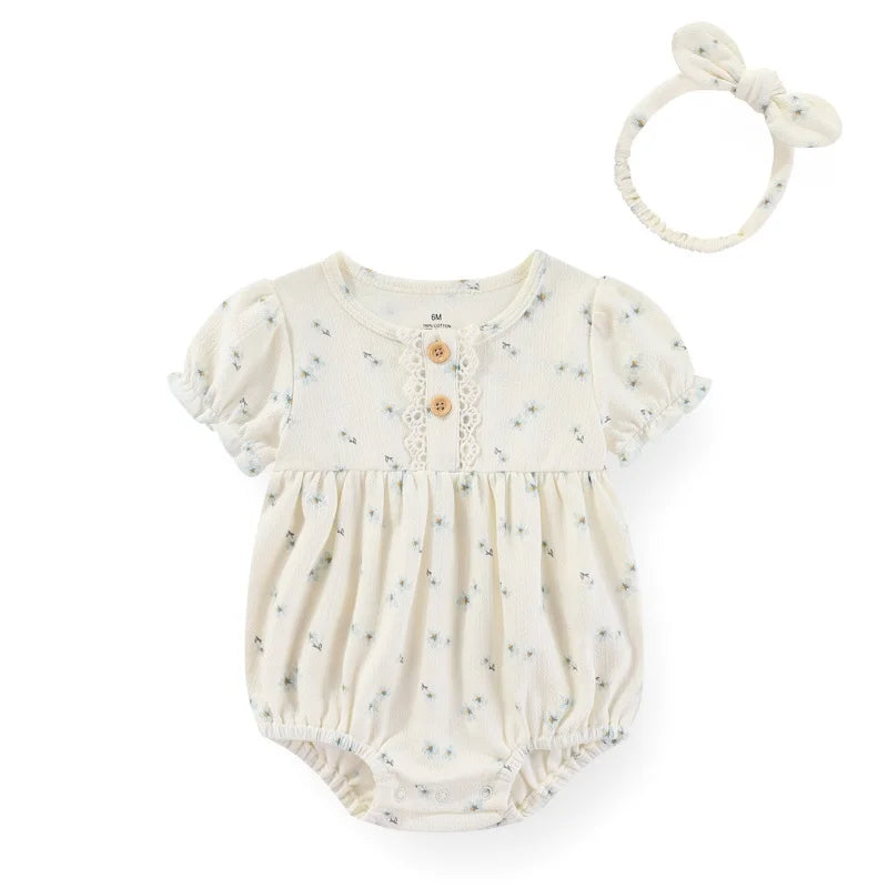Baby Girl Clothes Sets Cotton Bodysuit +Headband Short Sleeve Newborn Baby Girl Jumpsuit Summer Solid Color 6-24Months Bebes
