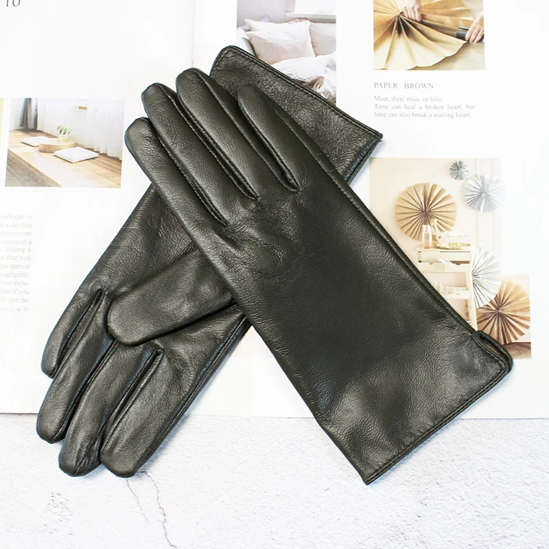 Women's Sheepskin Gloves Fashion Color Leather Simple Style Wool Lining Spring and Autumn Warmth Finger Gloves
