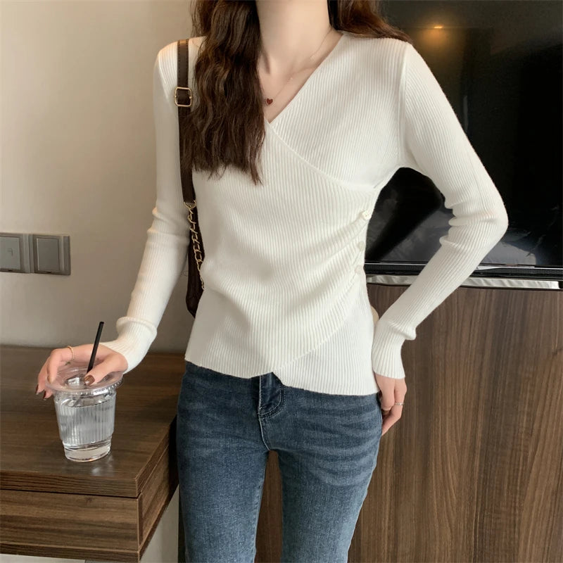 Surplice Sweater for Women Pullovers Ribbed Knit V-Neck Long Sleeve Button Side Plain Jumper Teen-girl Fall Winter Basic Outfit