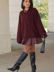 HH Winter Women Burgundy Long Sleeve Pullovers Casual O-neck Loose Fluffy Fuzzy Jumper Sweater Female Fashion Knitted Tops